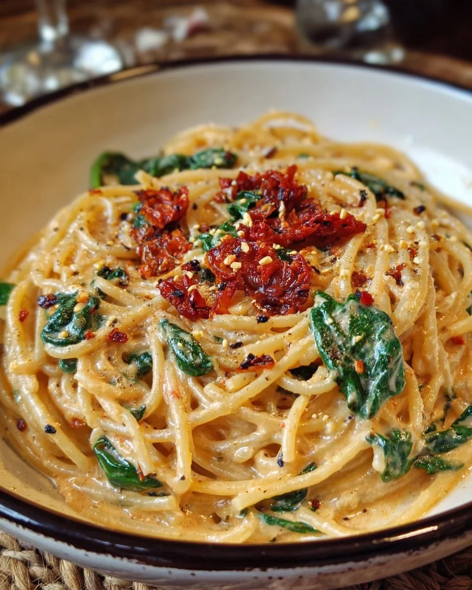 Spaghetti with spinach and sun-dried tomato cream sauce plated elegantly.