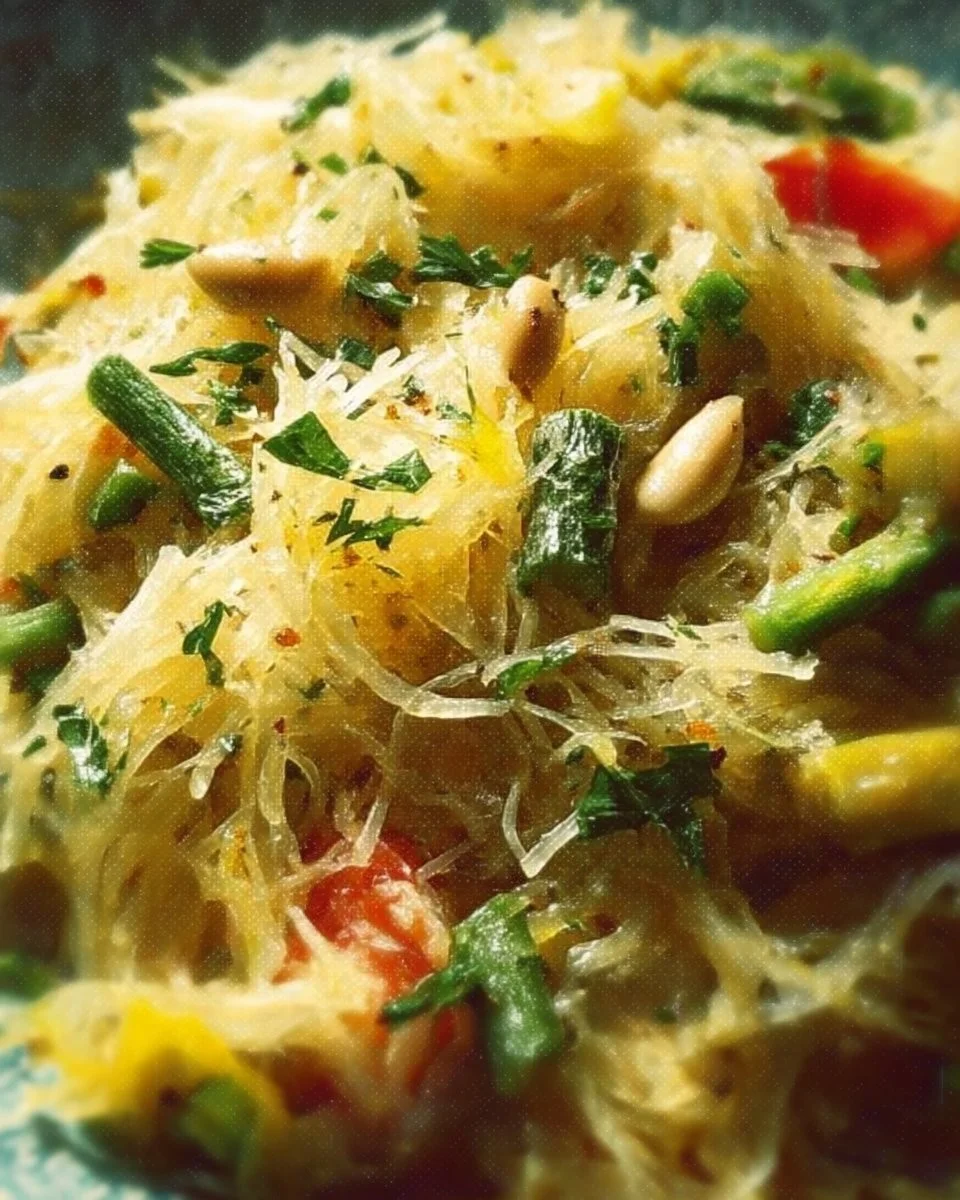 Spaghetti Squash Primavera dish with fresh vegetables and herbs