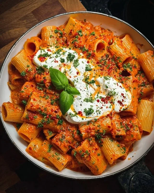 Delicious Spicy Burrata Rigatoni topped with fresh herbs and spices