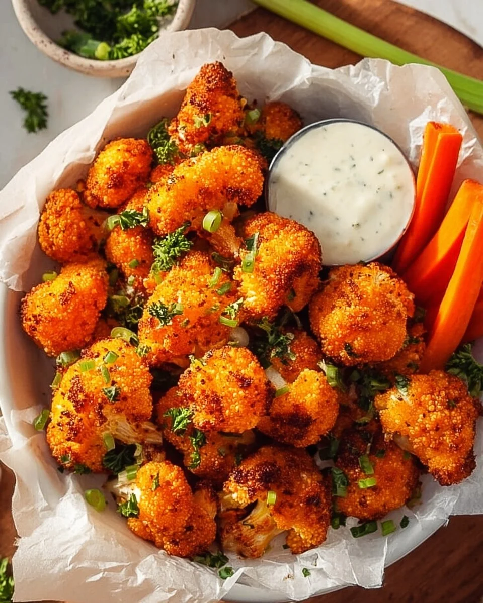 Spicy Cauliflower Buffalo Bites served in a bowl with garnishes.