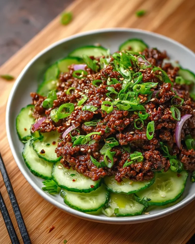 Spicy Keto Korean Ground Beef served with cucumber salad on a plate