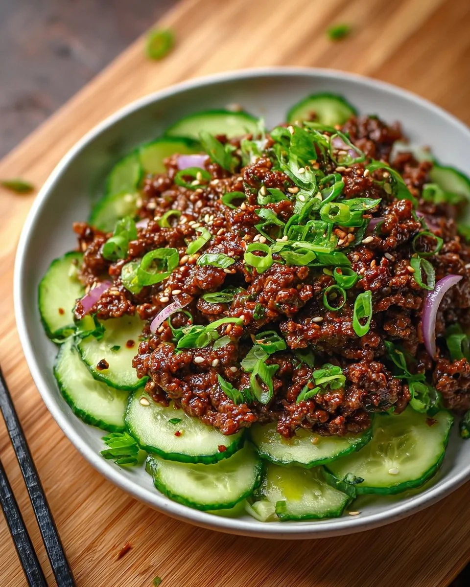 Spicy Keto Korean Ground Beef served with cucumber salad on a plate