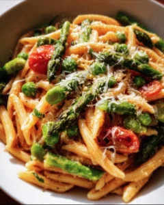 Colorful and fresh spring vegetable pasta with seasonal vegetables