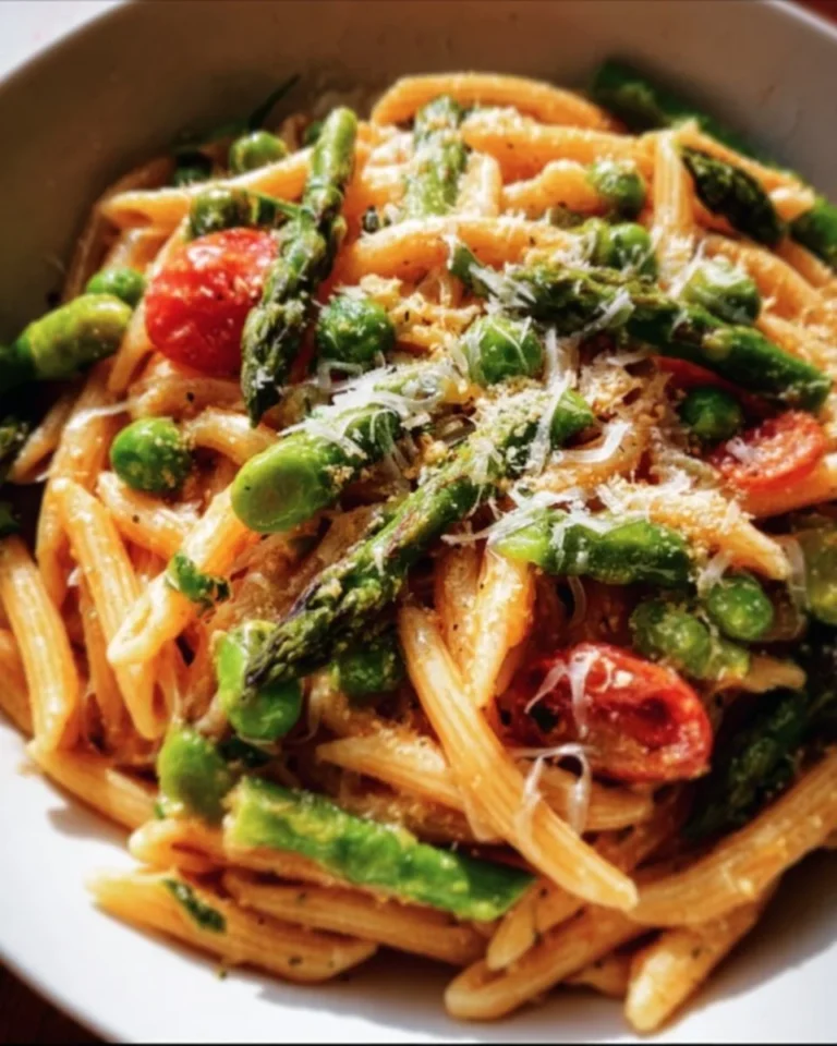 Colorful and fresh spring vegetable pasta with seasonal vegetables