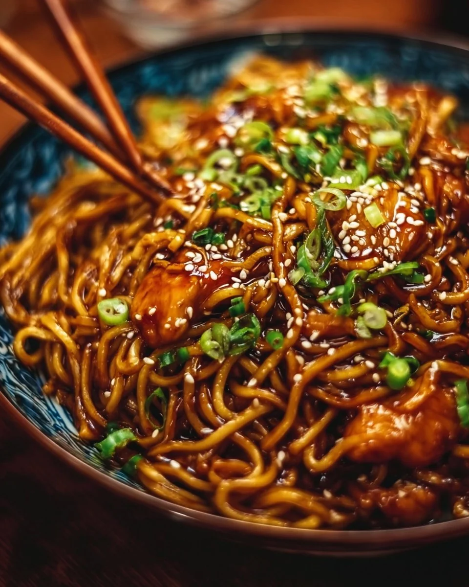Delicious sticky garlic chicken noodles served in a bowl.