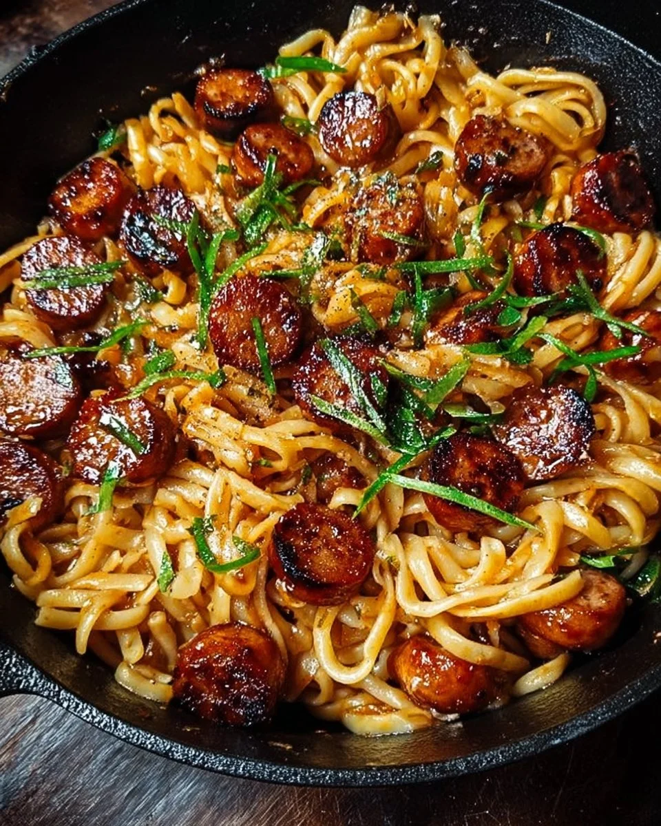 Sticky honey garlic sausage pasta skillet, a delicious hearty dish