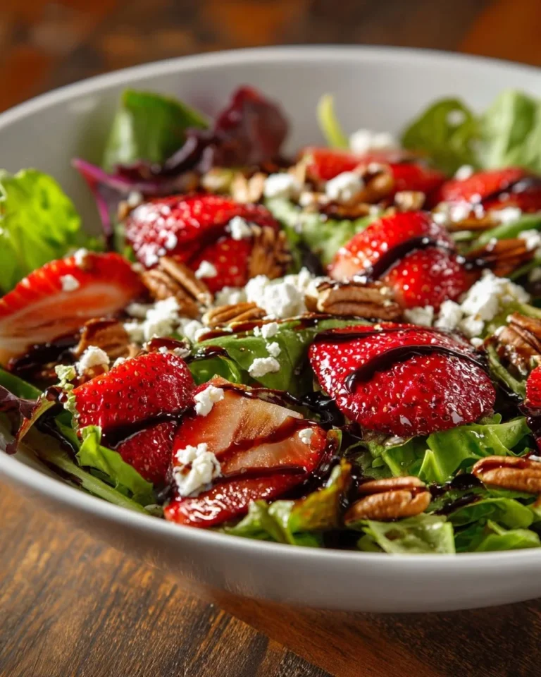 A colorful Strawberry Feta Salad with fresh strawberries, feta cheese, and mixed greens.