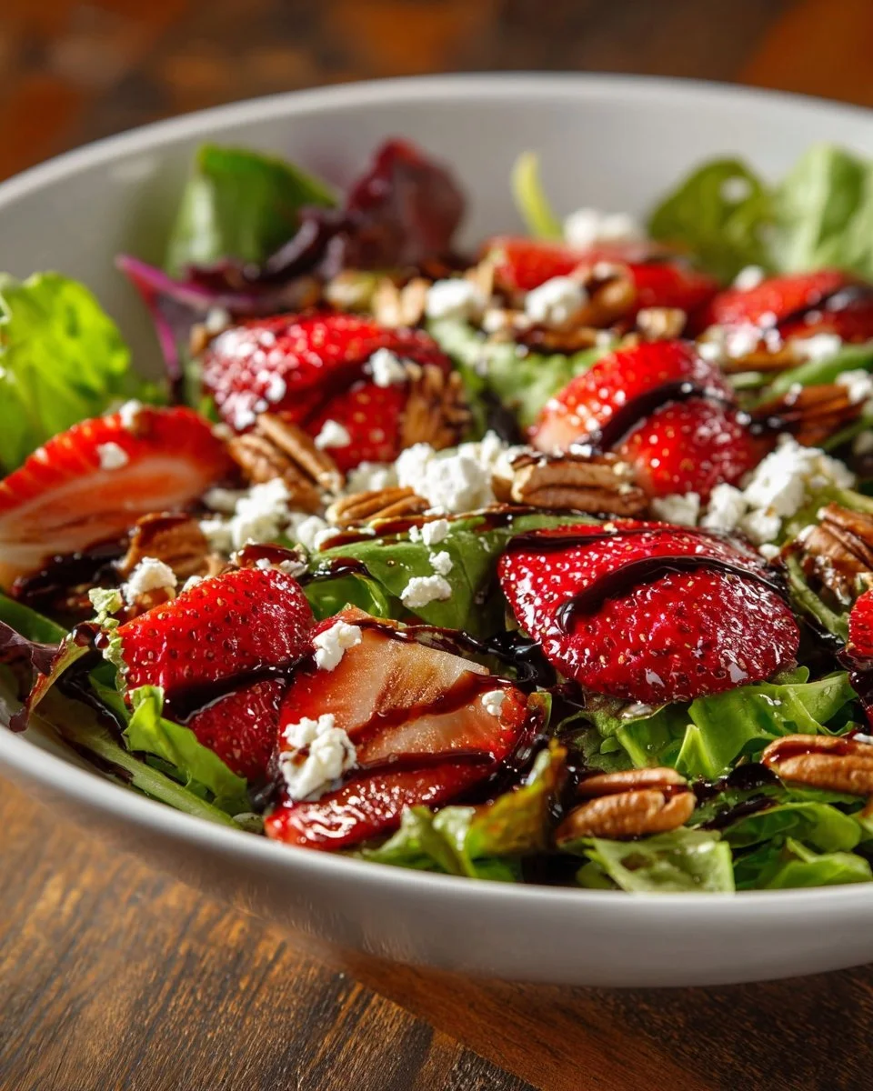 A colorful Strawberry Feta Salad with fresh strawberries, feta cheese, and mixed greens.