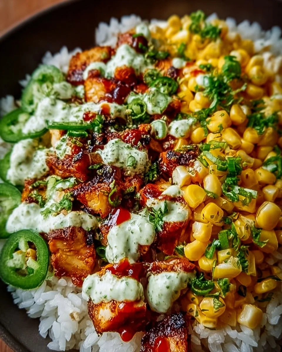 Delicious Street Corn Chicken Rice Bowl with grilled chicken and fresh toppings