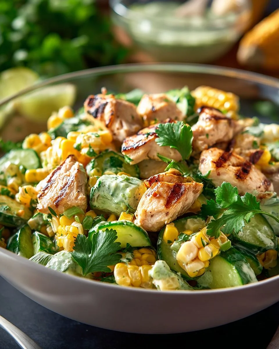 Creamy Cucumber Chicken Salad with Street Corn serving in a bowl