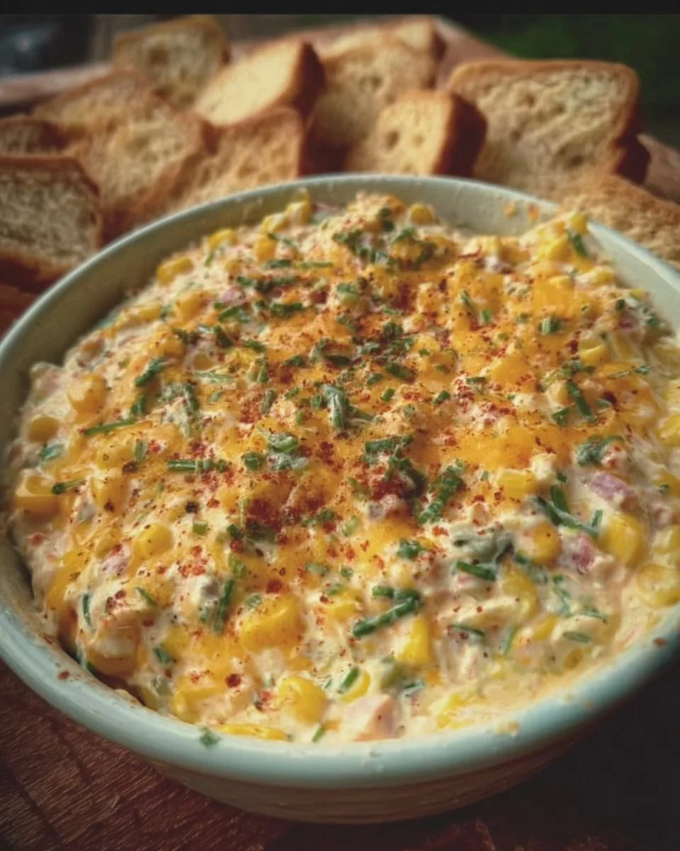 Creamy Street Corn Dip served in a bowl with corn and toppings.