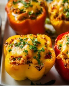 Colorful stuffed chicken peppers filled with seasoned chicken and veggies