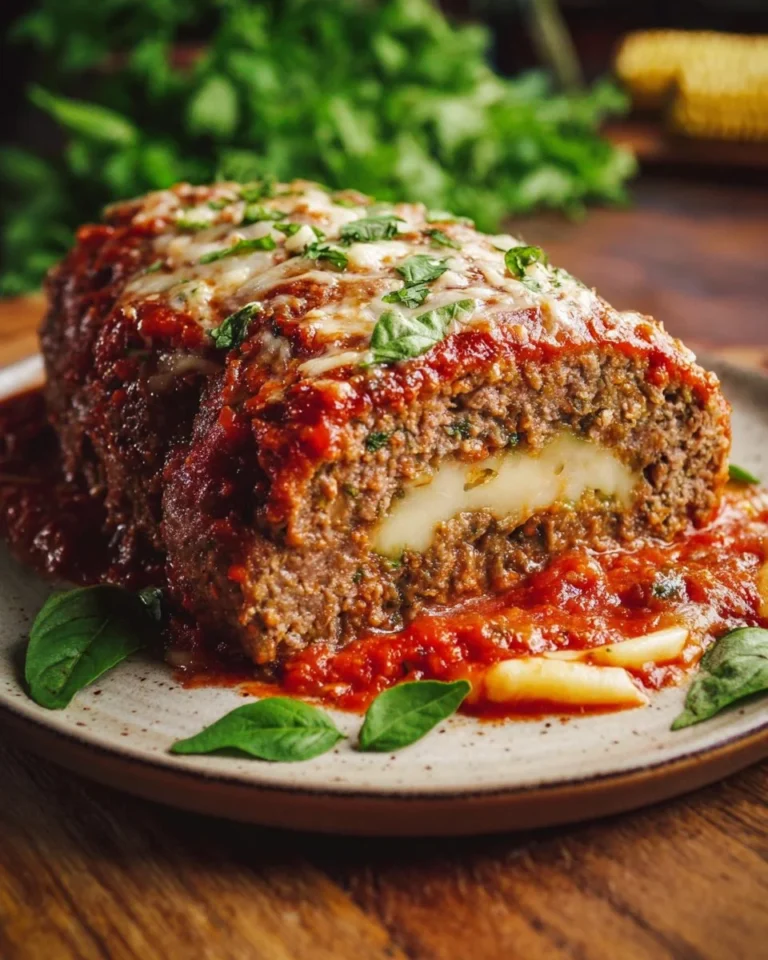 Stuffed Italian meatloaf with herbs and cheese, served on a plate