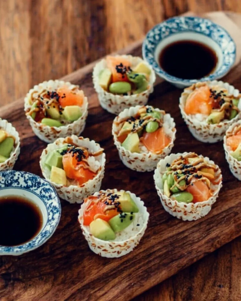 Colorful sushi cups filled with fresh ingredients and garnished for presentation.