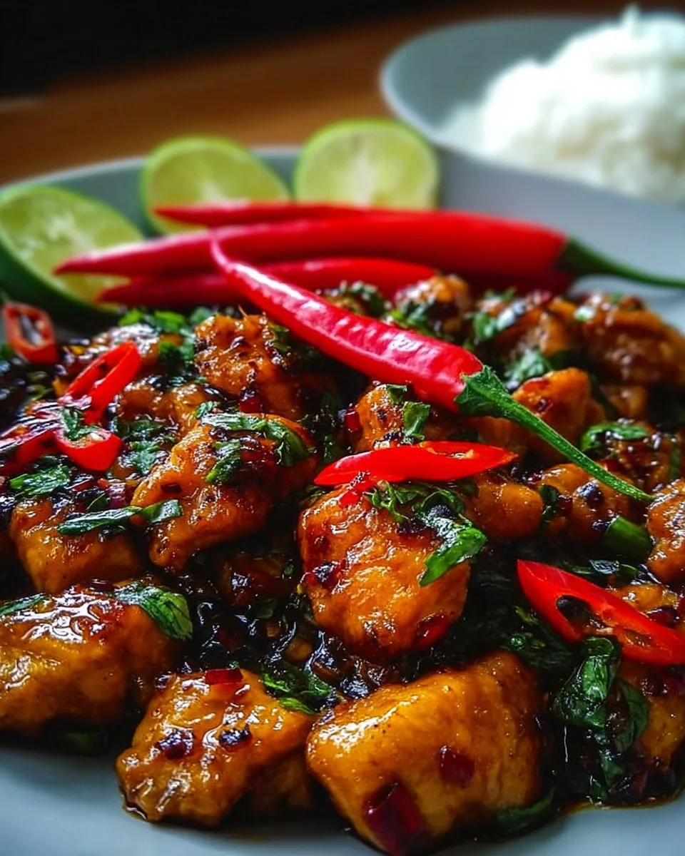 Plate of Sweet And Spicy Thai Chicken garnished with herbs and served with rice.