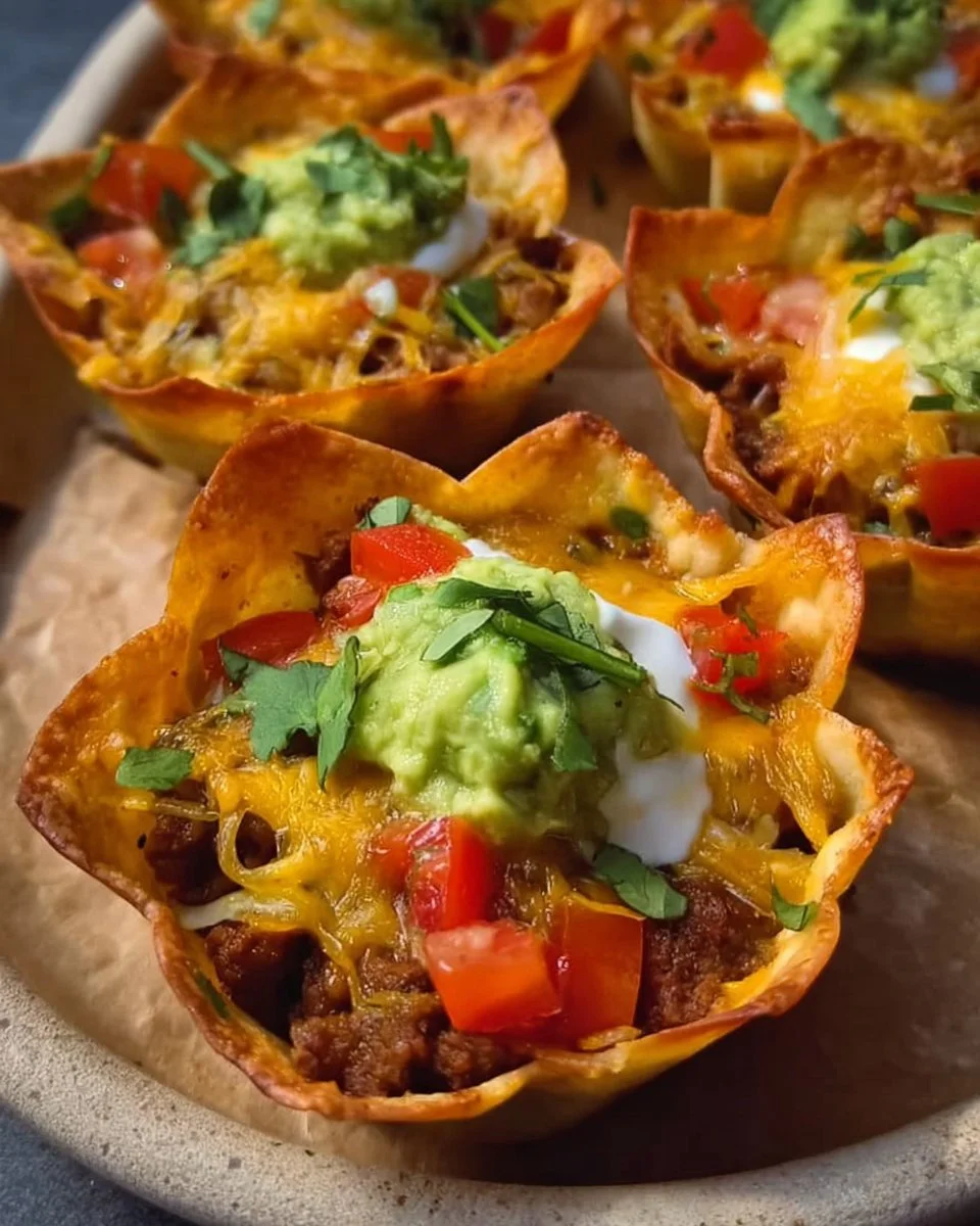 Plate of flavorful homemade taco cups filled with meat and toppings