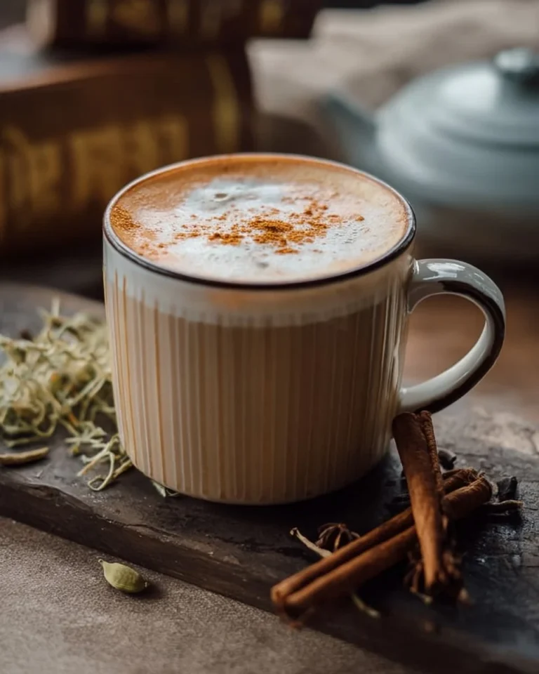 A frothy tea latte with aromatic spices and rich flavors served in a cup.