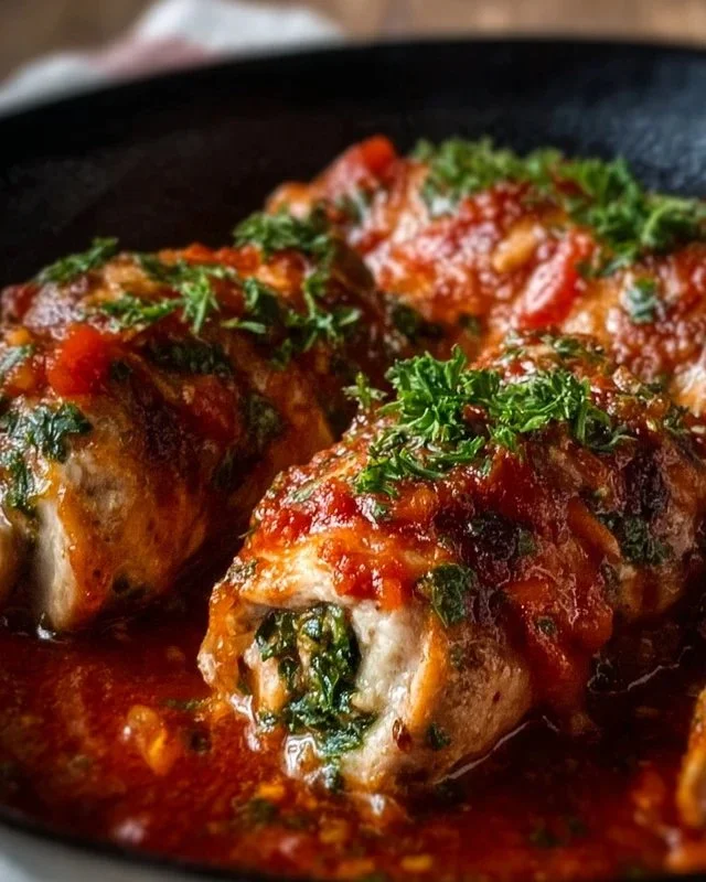 Tender Chicken Braciole served with fresh herbs and marinara sauce