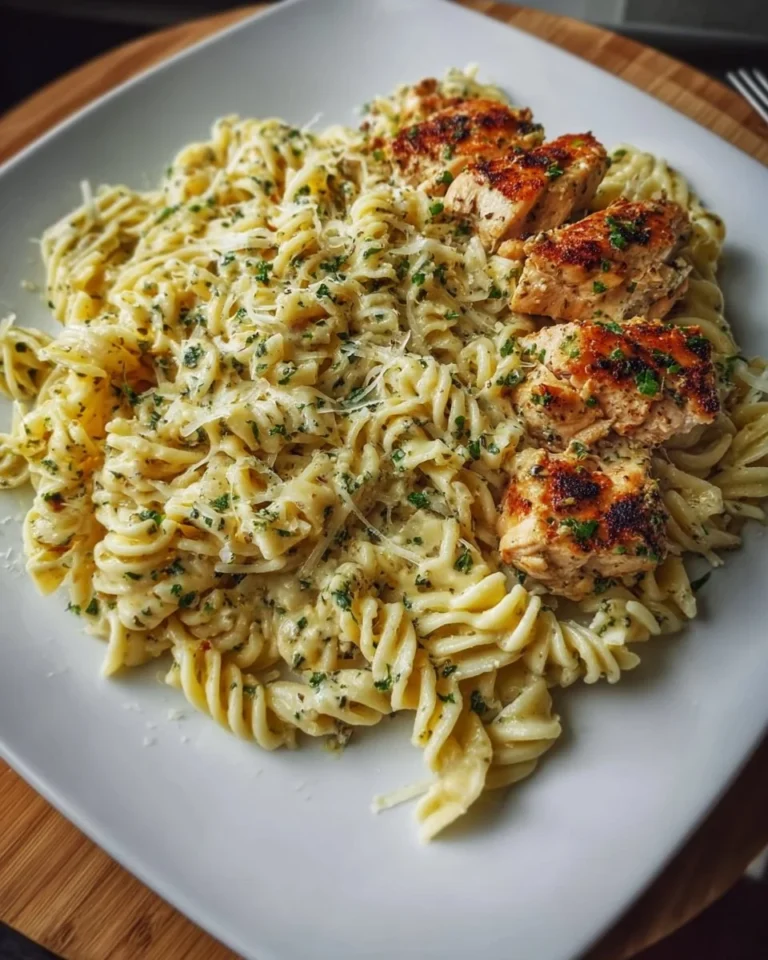 Creamy garlic parmesan chicken pasta served in a bowl with fresh herbs