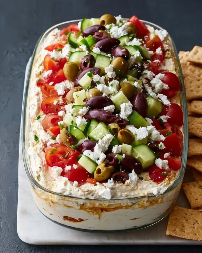 Delicious layered Greek dip served as a party appetizer