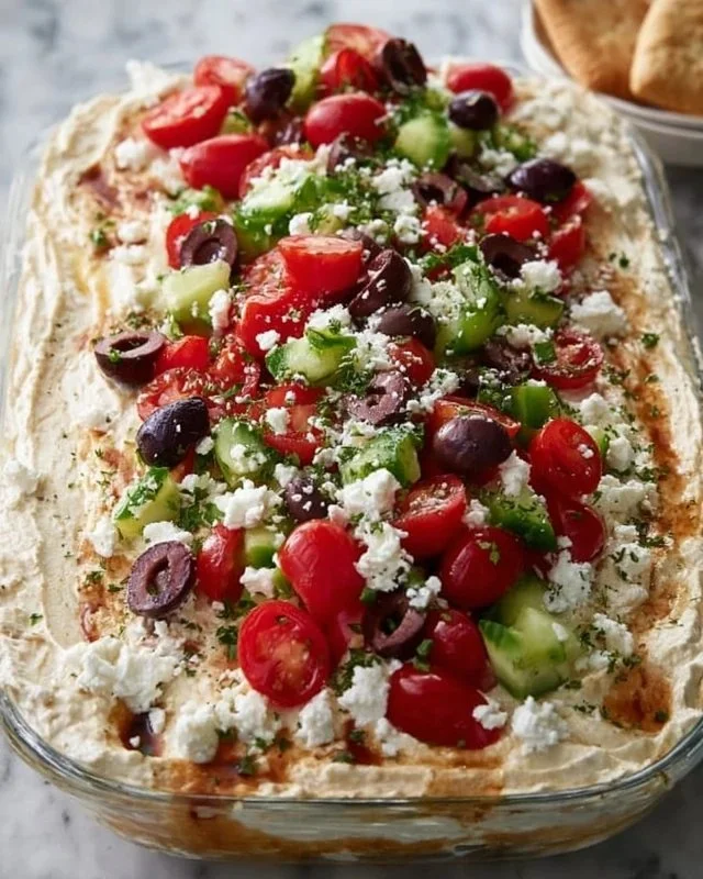 A colorful Layered Greek Dip served in a dish, perfect for parties and gatherings.