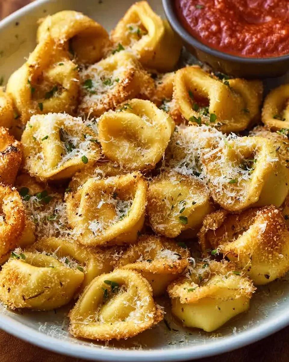 Delicious tortellini party snacks arranged on a platter.