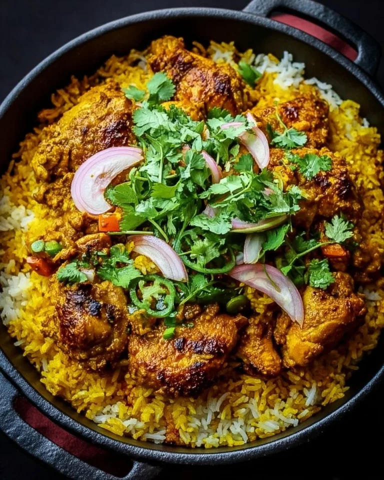 Delicious Turmeric Chicken served with fragrant rice on a plate