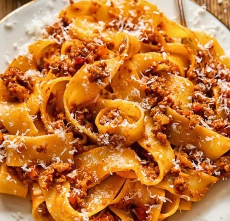 A bowl of rich Tuscan Ragu served over pasta, garnished with fresh herbs.