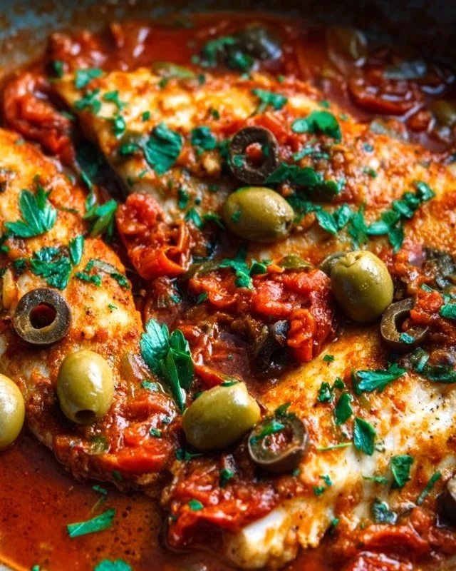 Delicious plate of fish puttanesca with olives, capers, and fresh herbs.