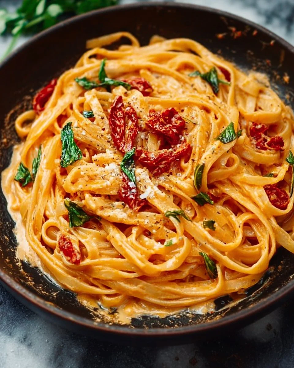 Vegan creamy sun-dried tomato pasta served in a bowl, garnished with fresh herbs.