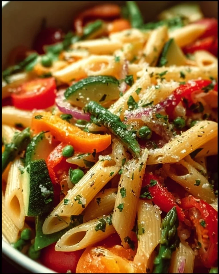 Colorful Vegetarian Pasta Primavera with fresh vegetables and herbs