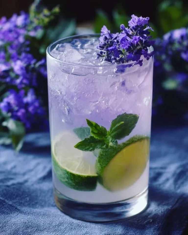 Refreshing Virgin Lavender Mojito served in a glass with mint and lavender sprigs.