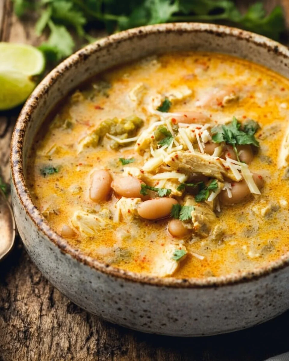 Bowl of homemade White Chicken Chili topped with fresh cilantro and lime.
